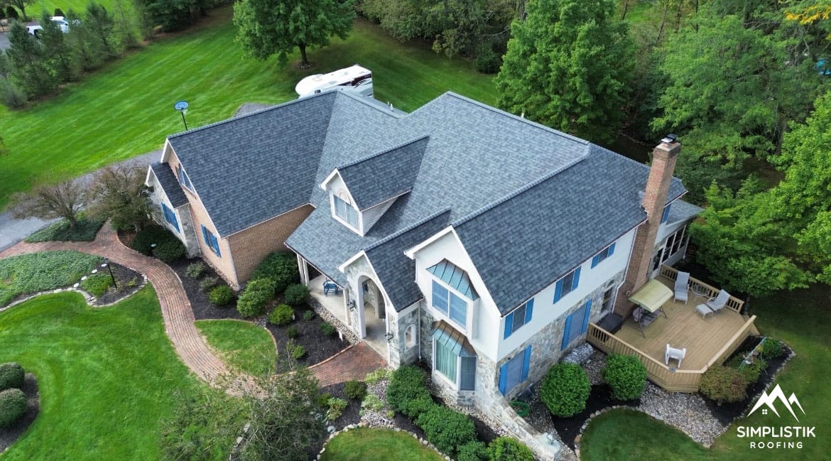 Aerial view of completed charcoal roofing project